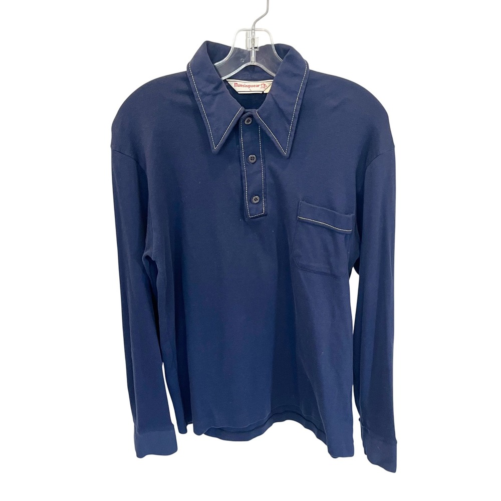 Vintage 70s Munsingwear Navy Blue Long Sleeve Polo Shirt Mens Large Made in USA